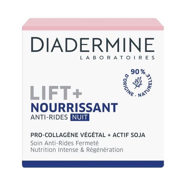 Diadermine - Lift+ Nourrissant - Crème de Nuit Visage - Soin Anti-Rides Ultra Fermeté - Pro-Collagène végétal et actif soja -...