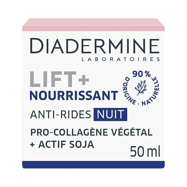 Diadermine - Lift+ Nourrissant - Crème de Nuit Visage - Soin Anti-Rides Ultra Fermeté - Pro-Collagène végétal et actif soja -...
