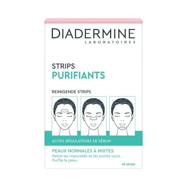 Diadermine - 6 Strips Purifiants Visage - Anti Points Noirs/Impuretés - Peaux Normales à Mixtes - Actifs régulateurs de sébum...