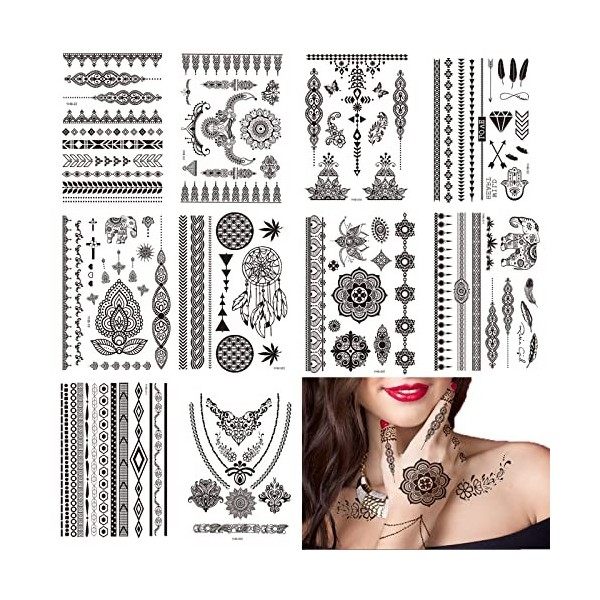 Zhenp 10 Feuilles Sexy Autocollants de Tatouage Imperméables, Dentelle Mariage Tatouages, Papillon Fleurs Tatouages Temporair