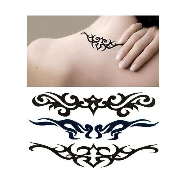 Tatouage Temporaire Tribal Homme Femme Noir Bleu Tatouage Éphémère pour Homme Femme Tribal Noir Bleu Plaquette de 3 Tatoo - A