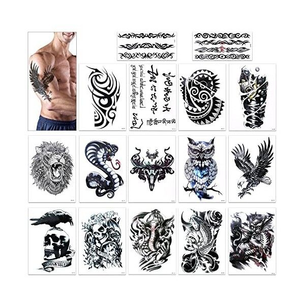 Konsait Tatouage temporaire pour homme femmes, Demi bras tatouage Tattoo noir Faux Tatouages Autocollants machine à tatouages