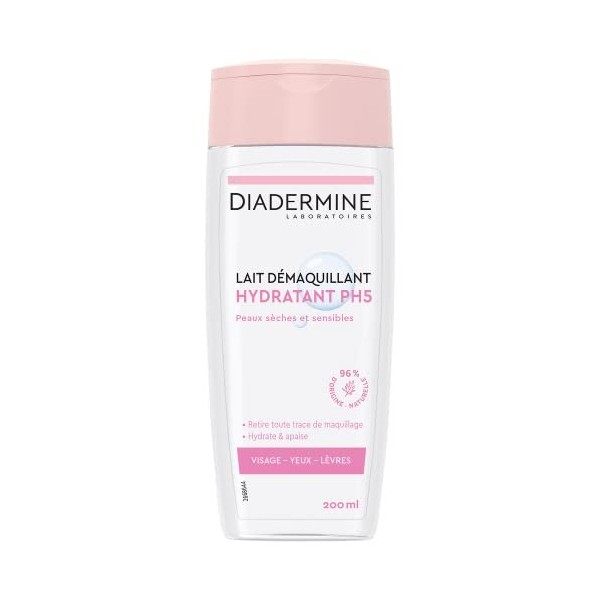 Diadermine - Lait Démaquillant Visage, Yeux et Lèvres - Hydratant - PH5 - Peaux Sèches et Sensibles - Hydrate et Apaise - Net...