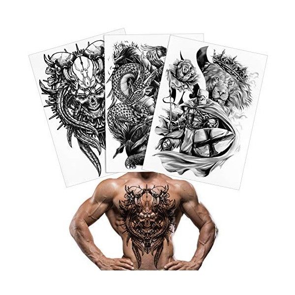 Qpout tatouages temporaires dos complet pour hommes femmes 3 feuilles, 18.8x13.3 pouces grande photo tatouages noirs, totem t