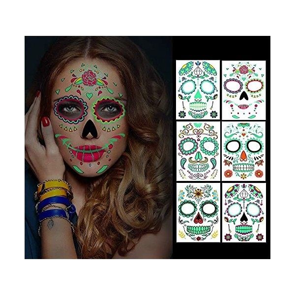 Tatouage Halloween, 6 pièces Le jour des morts Tatouage temporaire visage complet lueur dans le noir, pour le maquillage de f