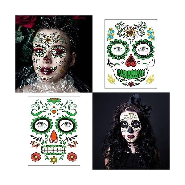 Tatouage Halloween, 6 pièces Le jour des morts Tatouage temporaire visage complet lueur dans le noir, pour le maquillage de f