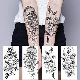 Bilizar 64 Feuilles Fleurs Tatouage Ephemere Femme Cou, Floral Lune Rose Faux Tatouages Temporaire Adulte Filles Peau, Autoco
