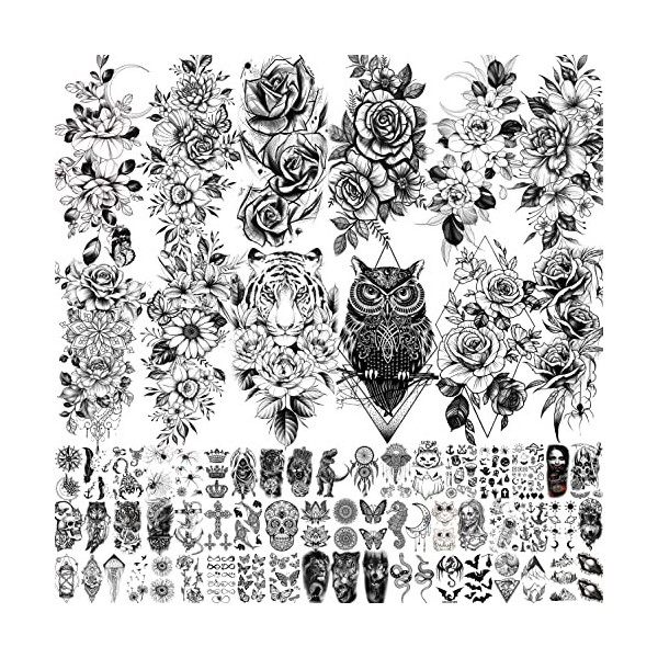 EGMBGM 18 Feuilles 3D Fleurs Rose Colorées Tatouages Ephemere Femme, Noir Tatouage Temporaires Fille Adulte Autocollant, Long