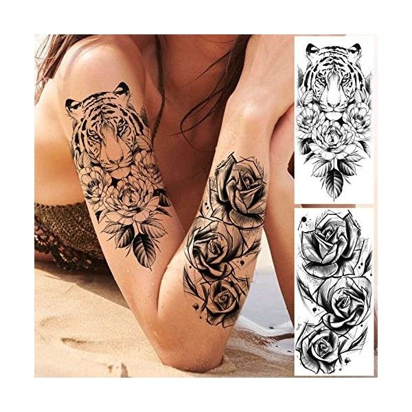 EGMBGM 18 Feuilles 3D Fleurs Rose Colorées Tatouages Ephemere Femme, Noir Tatouage Temporaires Fille Adulte Autocollant, Long