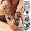 EGMBGM 18 Feuilles 3D Fleurs Rose Colorées Tatouages Ephemere Femme, Noir Tatouage Temporaires Fille Adulte Autocollant, Long