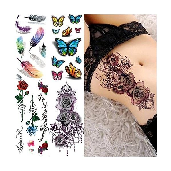 COKTAK 56 Feuilles Coloré Tatouage Ephemere Fleur Rose Femme, Plume 3D Faux Tatouage Temporaire Fille, Tatouage Éphémère Femm