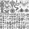 Shegazzi 58 Feuilles Noir Tatouages Ephemere Femmes Filles, 6 Feuilles Grand Lotus Fleur Serpent Éléphant Papillon Faux Tatou