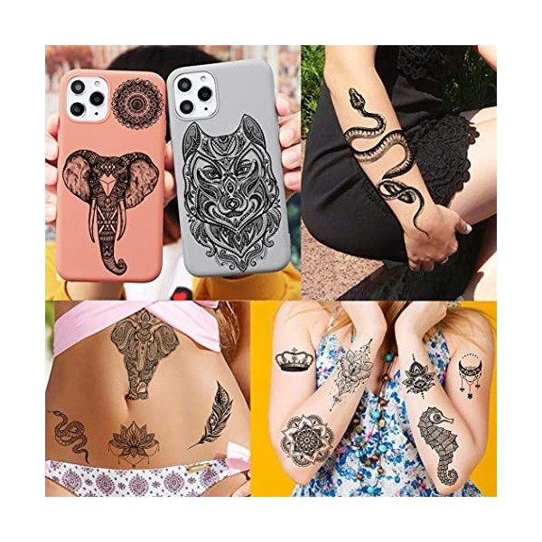 Shegazzi 58 Feuilles Noir Tatouages Ephemere Femmes Filles, 6 Feuilles Grand Lotus Fleur Serpent Éléphant Papillon Faux Tatou