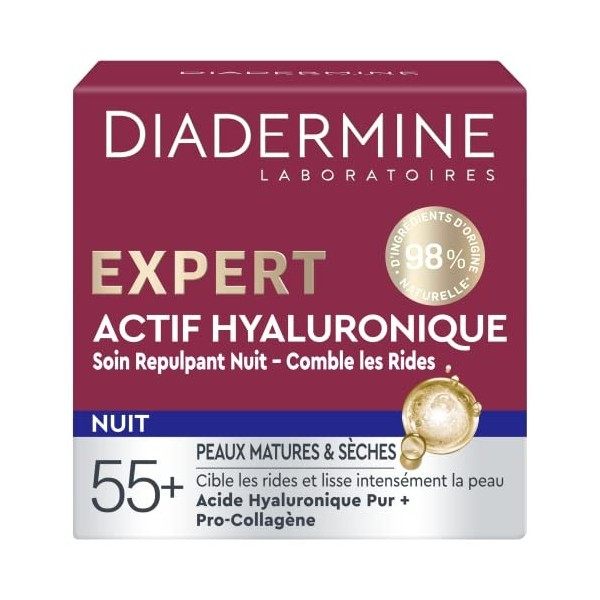 Diadermine - Crème de Nuit Expert - Soin Repulpant à lAcide Hyaluronique - Cible les Rides - Repulpe la Peau - Peaux Matures ...