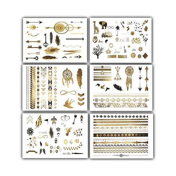 Terra Tattoos Temporary Tattoos - Over 125 Minimalist Metallic Tattoo Designs in Gold, Black and Silver 6 Sheets , Addison C