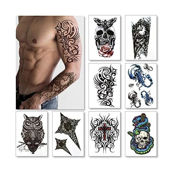 8 Feuilles Transfert Temporaire Tatouages Pour Les Gars Hommes Garçons & Ados - Fausses Autocollants Pour Poitrine Épaules Br