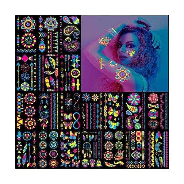 Tatouage Ephemere 170 Tatouage Ephemere Femme et Homme Fluo sous Neon UV Lumiere Noire,Faux Tatouage Impermeable,Tatouage Tem