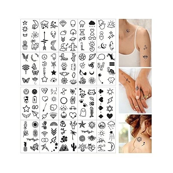 20 Feuilles Minuscules Tatouages Temporaires Imperméables Fleur Faux Autocollants de Tatouage Papillon éphémères Tatouage Tem