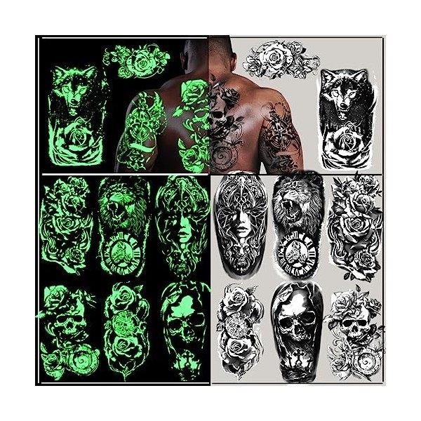 24 Feuilles de Tatouages Temporaires Phosphorescents, Loup Tigre Lion Tête de Mort Autocollant de Tatouage pour Femmes Hommes