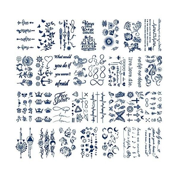 30 Feuilles de Tatouages ​​Semi-Permanents pour Femmes Filles Enfants Réalistes Tatouages ​​Temporaires Imperméables Bleu fon