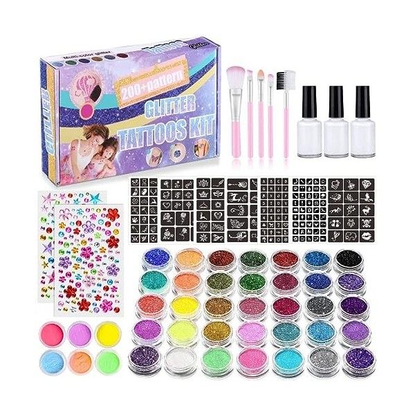 Tatouage Paillette Enfant Kit Paillettes Glitter Tattoo 41 Couleur avec 204 Pochoir Tatouage 5 Pinceau 3 Colle Maquillage Pai