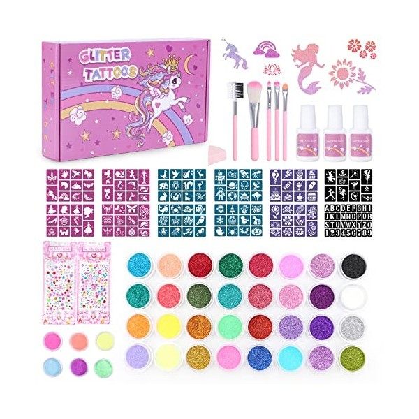 Highttoy Kit Tatouage Paillettes, 38 Couleurs Tatouage Éphémère Lumineux Licorne Enfant avec 150 Pochoirs, 5 Pinceaux, 3 Coll