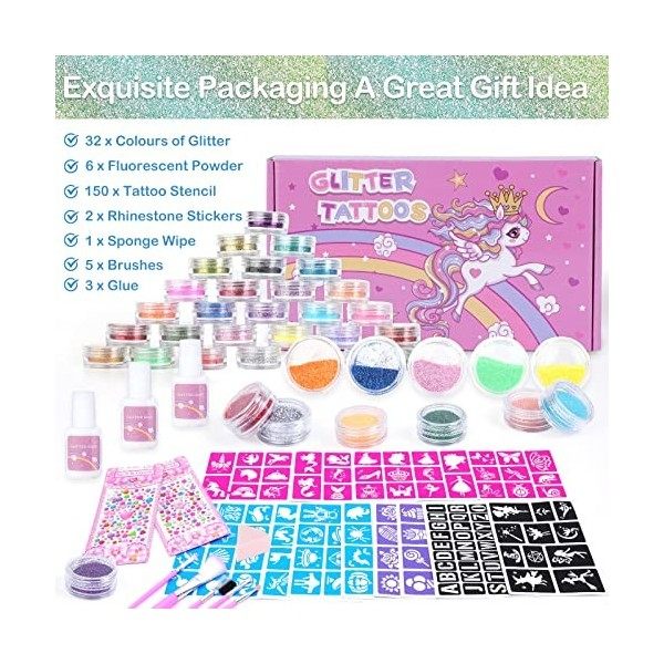 Highttoy Kit Tatouage Paillettes, 38 Couleurs Tatouage Éphémère Lumineux Licorne Enfant avec 150 Pochoirs, 5 Pinceaux, 3 Coll