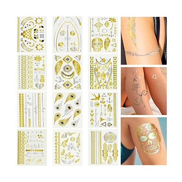 150+ Pieces Faux Tatouage Ephemere Femme En Or, 12 Feuilles de Tatouage Temporaire Enfant, Argent & Noir Métallique Stickers 