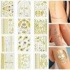 150+ Pieces Faux Tatouage Ephemere Femme En Or, 12 Feuilles de Tatouage Temporaire Enfant, Argent & Noir Métallique Stickers 
