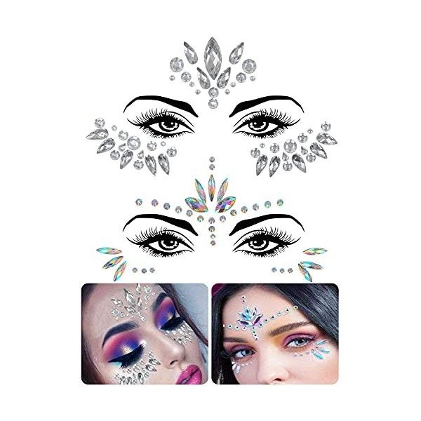 4 Ensembles de Gemmes de visage,Strass Visage Autocollant,Paillettes Temporaire Tatouage Visage Cristaux et Pierres Précieuse