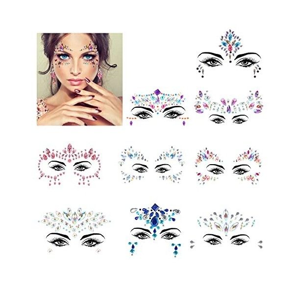 VEUWOLM 9 Pcs Strass Visage Auto-Adhésif, Autocollant Visage Festival, Strass Maquillage Tatouage Temporaire, Tatouage Autoco