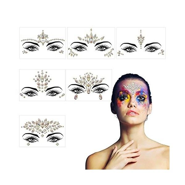 CHIFOOM 6 PCS Visage gemmes Strass Autocollant Visage Bijoux de Lumineux Maquillage Artistique Cristal de temporaire Auto-adh