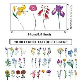 TSHAOUN 20 Feuilles Petit Tatouage Temporaire Fleur De Tournesol Lys Lavande, Faux Tatouage Ensemble de Tatouage Temporaire d