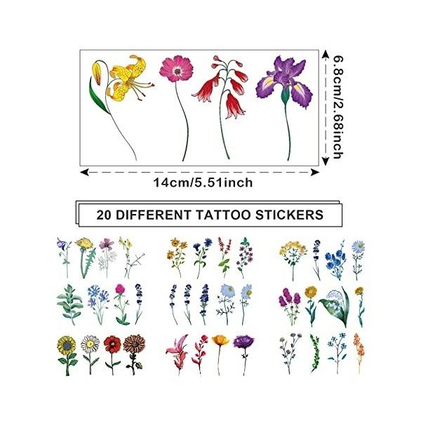 TSHAOUN 20 Feuilles Petit Tatouage Temporaire Fleur De Tournesol Lys Lavande, Faux Tatouage Ensemble de Tatouage Temporaire d