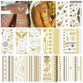 12 Feuilles Tatouages Éphémères Métalliques, Autocollants De Tatouage Ephémère Doré, Tattoos Imperméables Autocollants, Geeig