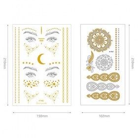 VEGCOO 17 Feuilles Autocollants de Tatouage Ephémère Doré, Métalliques Faux Tatouage Flash Temporaire, Brillants Tatoo et Pai