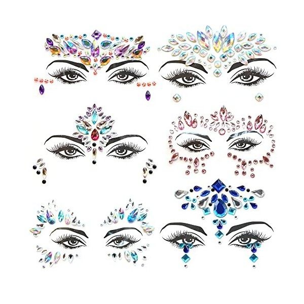 Autocollant Visage 6 feuilles Gemmes de Visage Autocollants pour le Visage en Cristaux pour Yeux Affronter Corps Tatouages Te