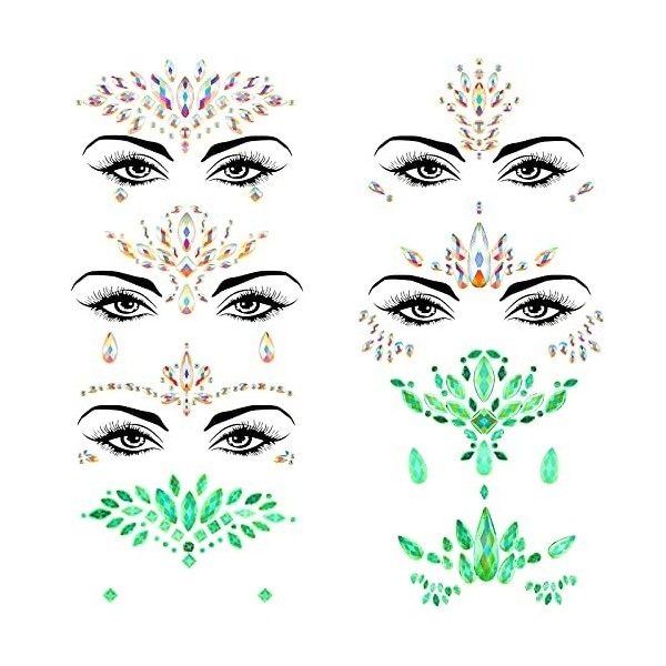 5 Feuilles Gemmes de Visage Phosphorescentes Autocollant de Tatouage Temporaire de Visage de Sirène Tatouages de Corps Maquil