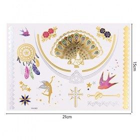 15pcs tatouages de transfert temporaires métalliques, 200 dessins or argent faux autocollant de tatouage imperméable pour adu