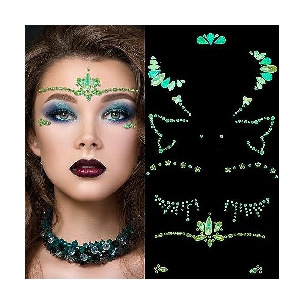 NICENEEDED les Gemmes du Visage Brillent dans le Noir, 4 pièces Gemmes de Visage de Sirène Lumineuses Bijoux de Visage de Pai
