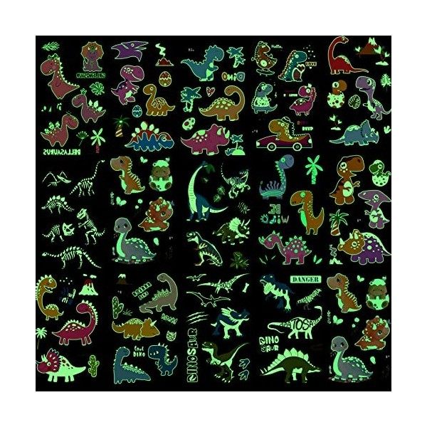 HOWAF Dinosaure Tatouage Enfant Garcon, 14 Feuilles Lumineux Tatouage Dinosaure Enfant, Tatouage Ephemere Enfant, Cadeau Anni