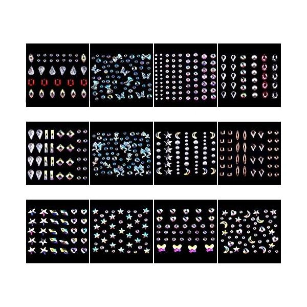 SIQUK 12 Feuilles Bijoux Visage Gemmes de Visage Ongle Oeil Corps Strass Autocollant de Visage Tatouage Strass pour Accessoir