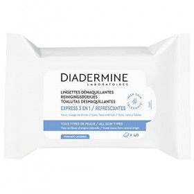 Diadermine - Lingettes Démaquillantes Visage, Yeux et Lèvres - Express 3 en 1 - Tous Types de Peaux - Nettoyant Visage - Haut