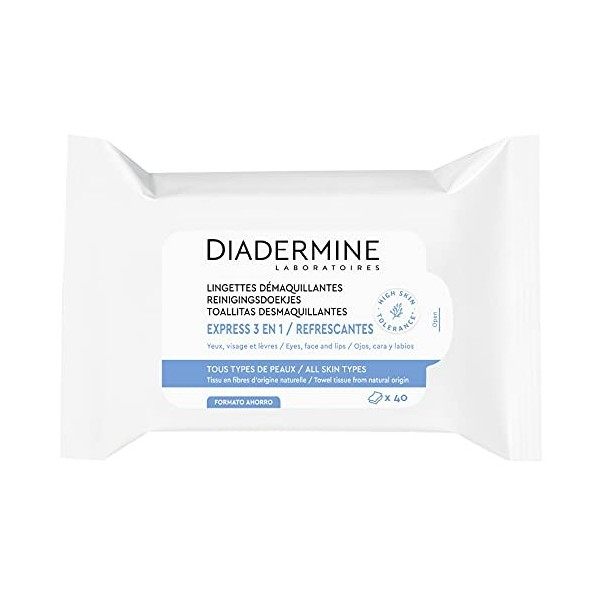 Diadermine - Lingettes Démaquillantes Visage, Yeux et Lèvres - Express 3 en 1 - Tous Types de Peaux - Nettoyant Visage - Haut...