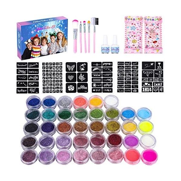 JOSPL Kit Tatouage Paillettes-avec 38 Couleurs,Non-toxique Kit Maquillage de Tatouage Éphémères Temporaires,Motif Dautocolla