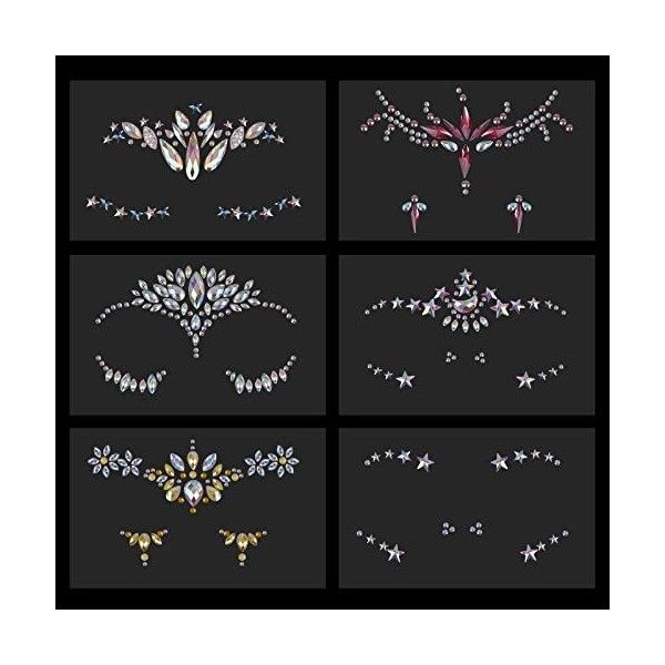 6 pcs Visage Gemmes Bijoux Strass Sirène Paillettes Visage Autocollants Yeux Visage Corps Tatouages ​​Temporaires Cristal Lar