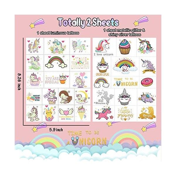 Leesgel Tatouage Enfants Licorne, 32 Styles Lumineux + Tatouages ​​​​Temporaires de Licorne Flash Métallique, Anniversaire Dé