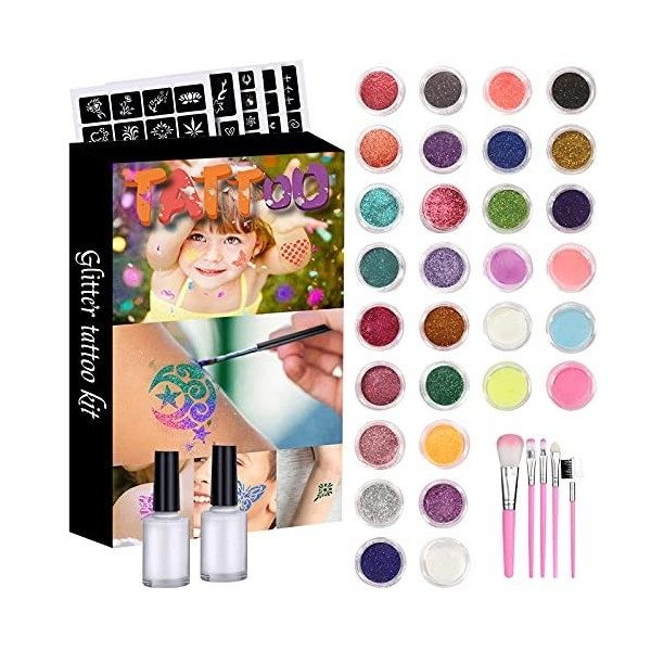 GALOZZOIT Kit Tatouage Paillettes avec 24 Couleurs et 6 Couleurs Lumineuses, Tatouage Éphémère Enfant Imperméable, Maquillage