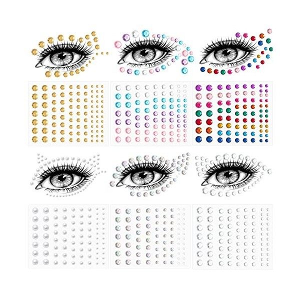 6 Feuilles Strass de Visage pour Femme Bijoux de Visage Arc-en-Ciel Autocollant de Cristal de Front Yeux Strass Auto-Adhésifs