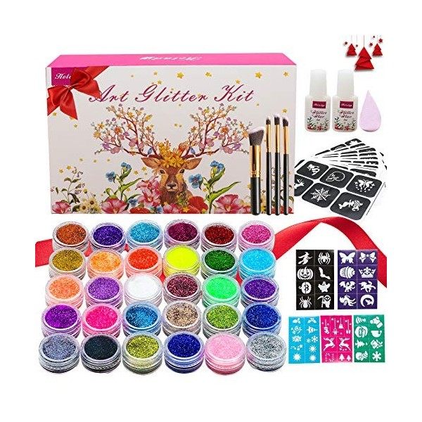 Holady Kit de tatouages à paillettes avec 30 tubes à paillettes et 145 pochoirs et 5 pochoirs de couleur, 4 brosses et 2 styl